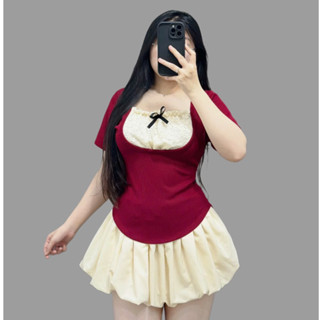 Set Bộ Bigsize Nữ Áo Thun Tay Ngắn Cổ Vuông Phối Ren Nơ Vải Ruby Kèm Váy Bí Xòe Bồng Chất Xoa SET948