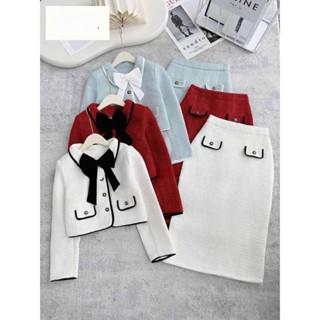 Sét dạ nữ mùa đông PHUONGMOON, thiết kế áo dài tay phối nơ mix chân váy dài dáng A dễ mặc