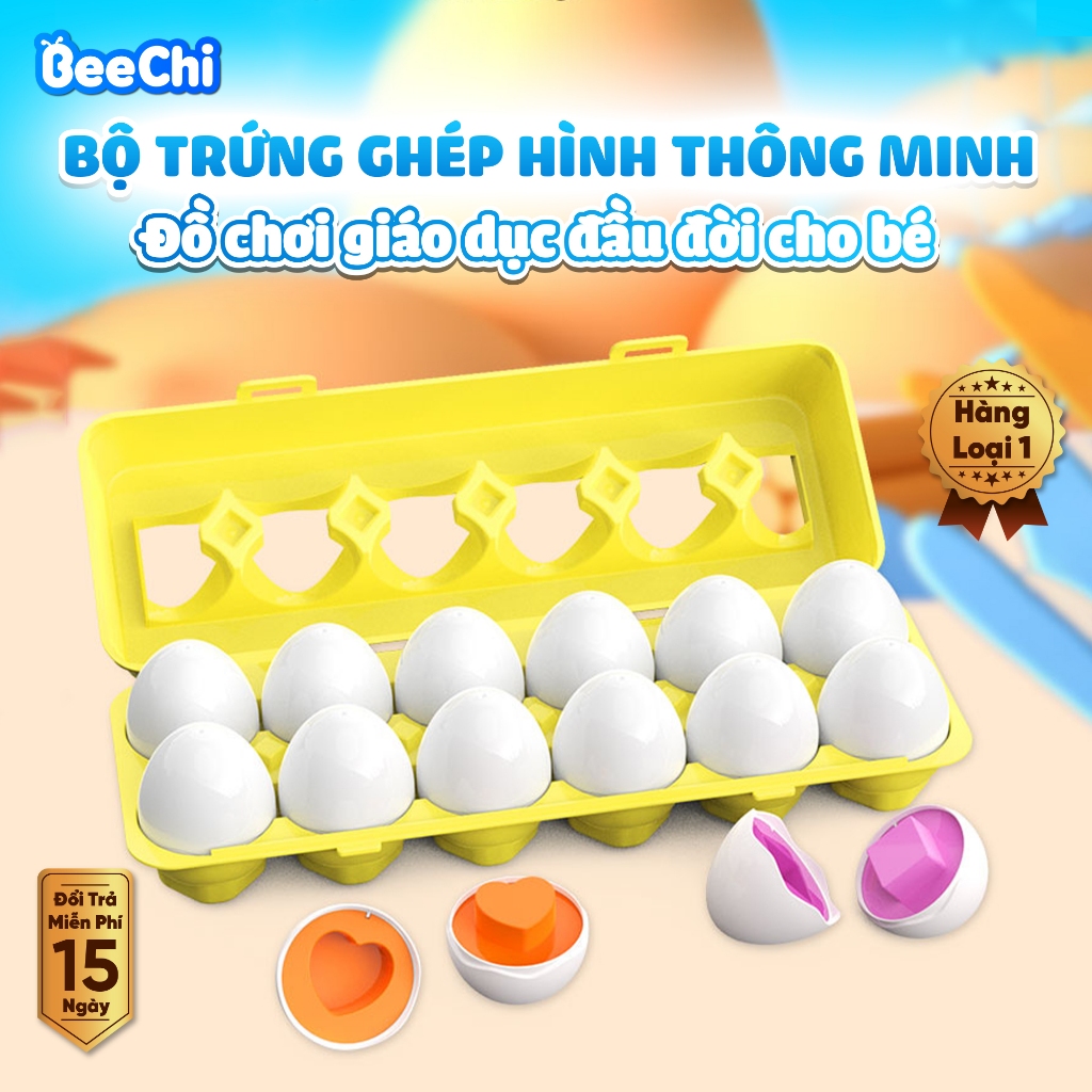 Đồ Chơi Giáo Dục Sớm Montessori Bộ 12 Trứng Ghép Hình Thông Minh Cho Bé Làm Quen Hình Khối, Màu Sắc