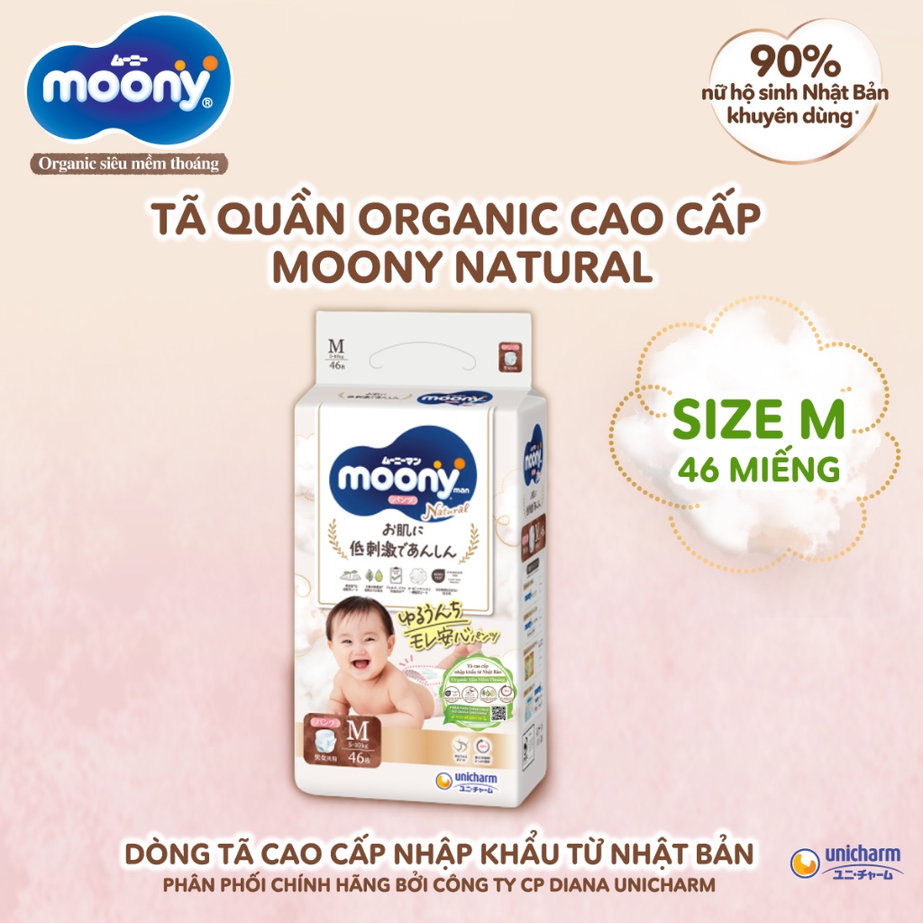 Tã/Bỉm quần Moony Natural (Moony trắng) siêu cao cấp cho Bé size M46/L36/Xl32