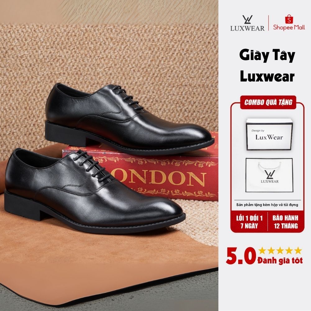 Giày tây nam công sở da bò cao cấp đế khâu LuxWear Oxford màu đen bảo hành 12 tháng GT02