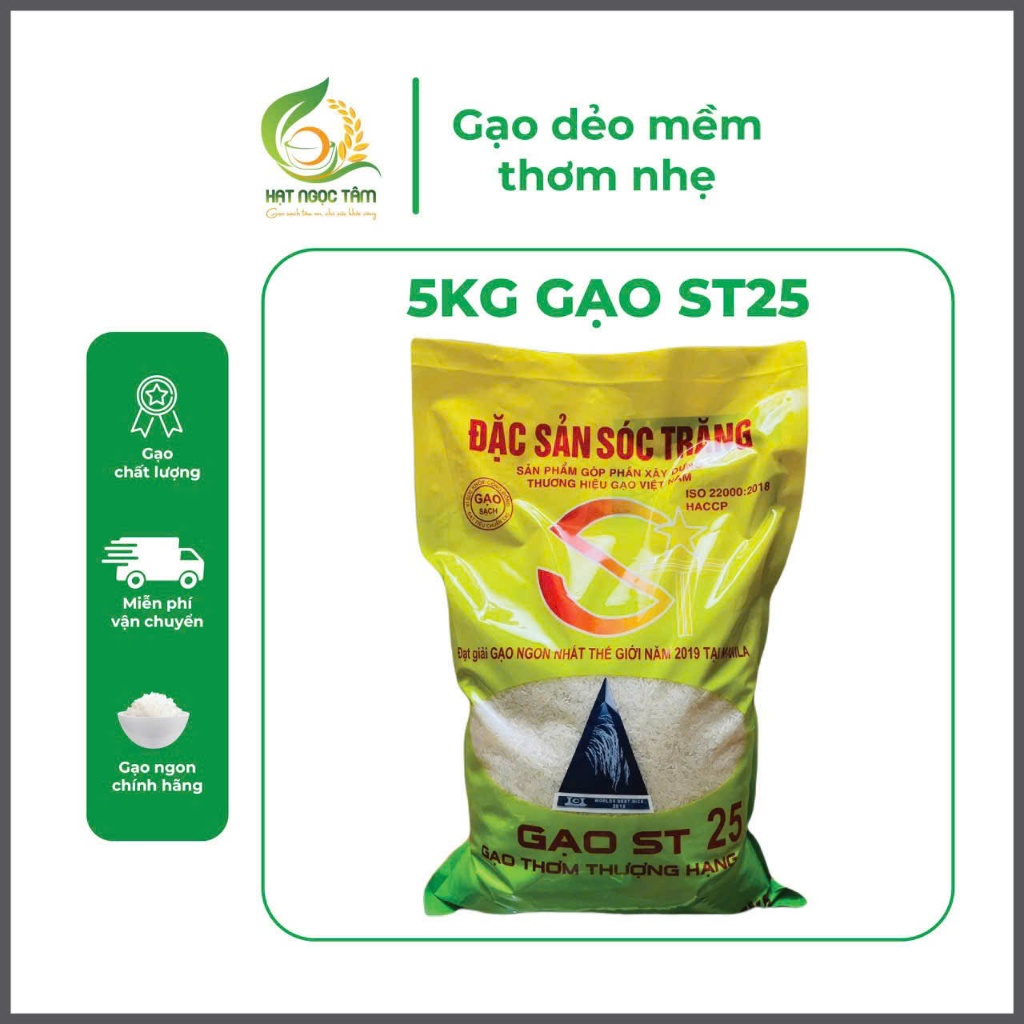 Gạo ST25 Thượng Hạng túi xanh dẻo vừa mềm ngọt com thơm nhẹ, gạo đóng bao 5kg( túi ép )