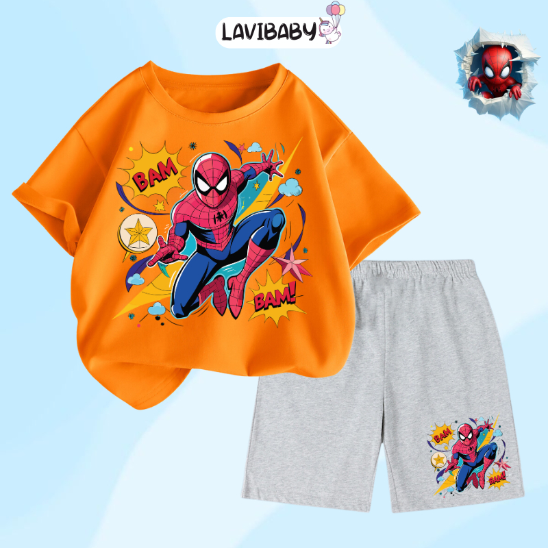 Bộ Siêu nhân bé trai Lavibaby Quần áo cho bé trai Dễ thương chất thun cotton Mềm mịn Thoáng mát