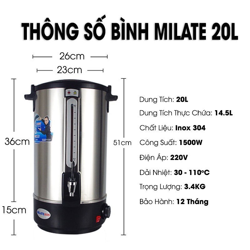 Bình đun nước nóng Milate 20L