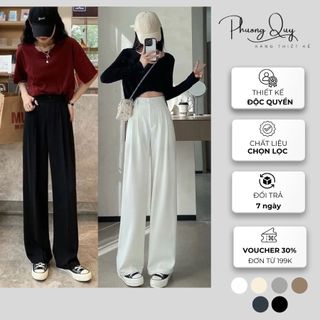 [Q35] Quần suông hai khuy cạp cao ống đứng, quần suông nữ, quần ống rộng nữ may bằng vải trượt hàn
