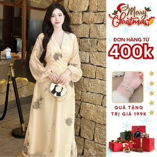Đầm maxi cổ V tay dài MELI phong cách vintage thích hợp đi du lịch[ V272]