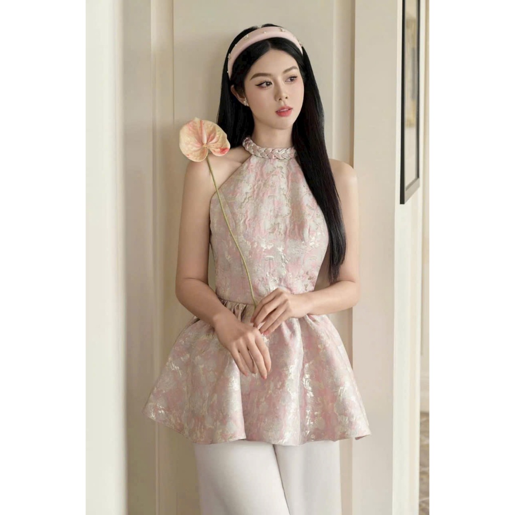 Áo Yếm Cách Tân Gấm Cổ Tết Chiết Eo Xòe Kèm Quần Lụa Suông Mặc Tết SAN Clothings - P99