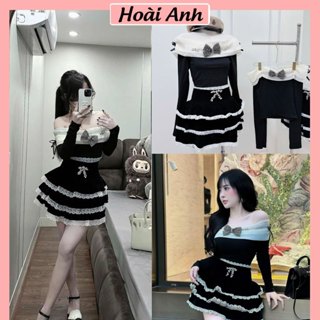  Set Bộ Áo Len Tăm Đen Phối Tơ Trễ Vai Nơ Điệu Đá Đính Nổi Mix Chân Váy NHung Ren 3 Tầng Có Size 