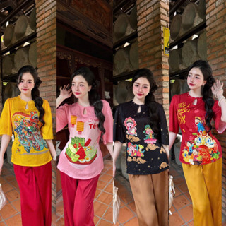 [ 40 - 70kg ] Đồ lam cách tân hoạ tiết Tết vải gấm hoa mai cổ giọt nước quần lụa latin siêu đẹp