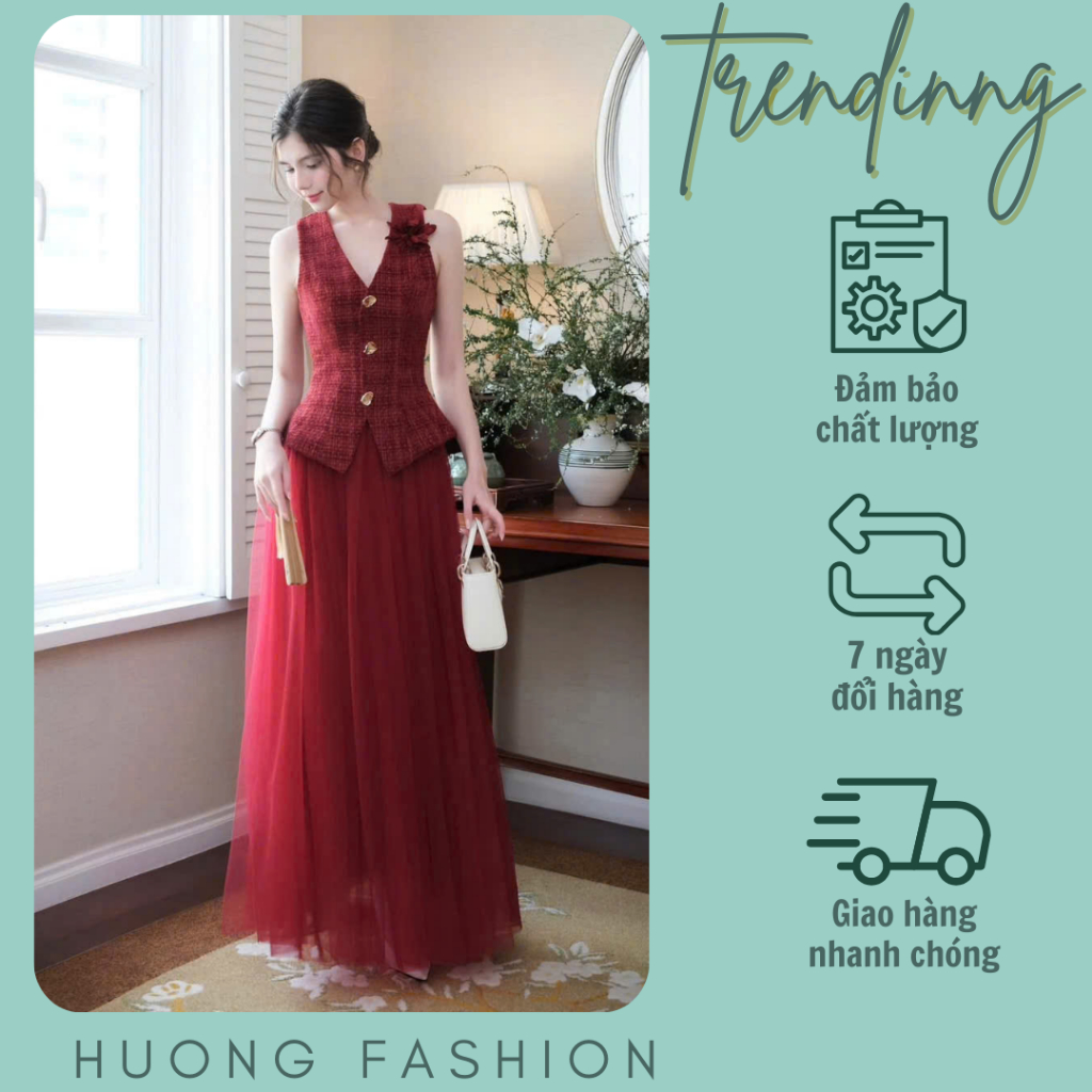Set đồ nữ áo gile dạ đỏ mix chân váy tơ voan dáng dài Hương_fashion