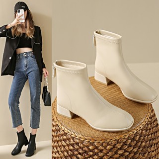 [ size 35- 40] Giày boot nữ cổ ngắn da Pu MỀM- ÊM- ĐẾ THẤP 4CM thoải mái đi bộ màu ĐEN/ KEM GBN45