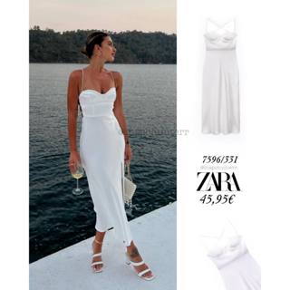   Xước nhẹ  ZARA Đức - Đầm midi dáng dài hai dây cúp ngực xẻ tà màu trắng sale auth new tag cao cấp chính hãng 7596 331 