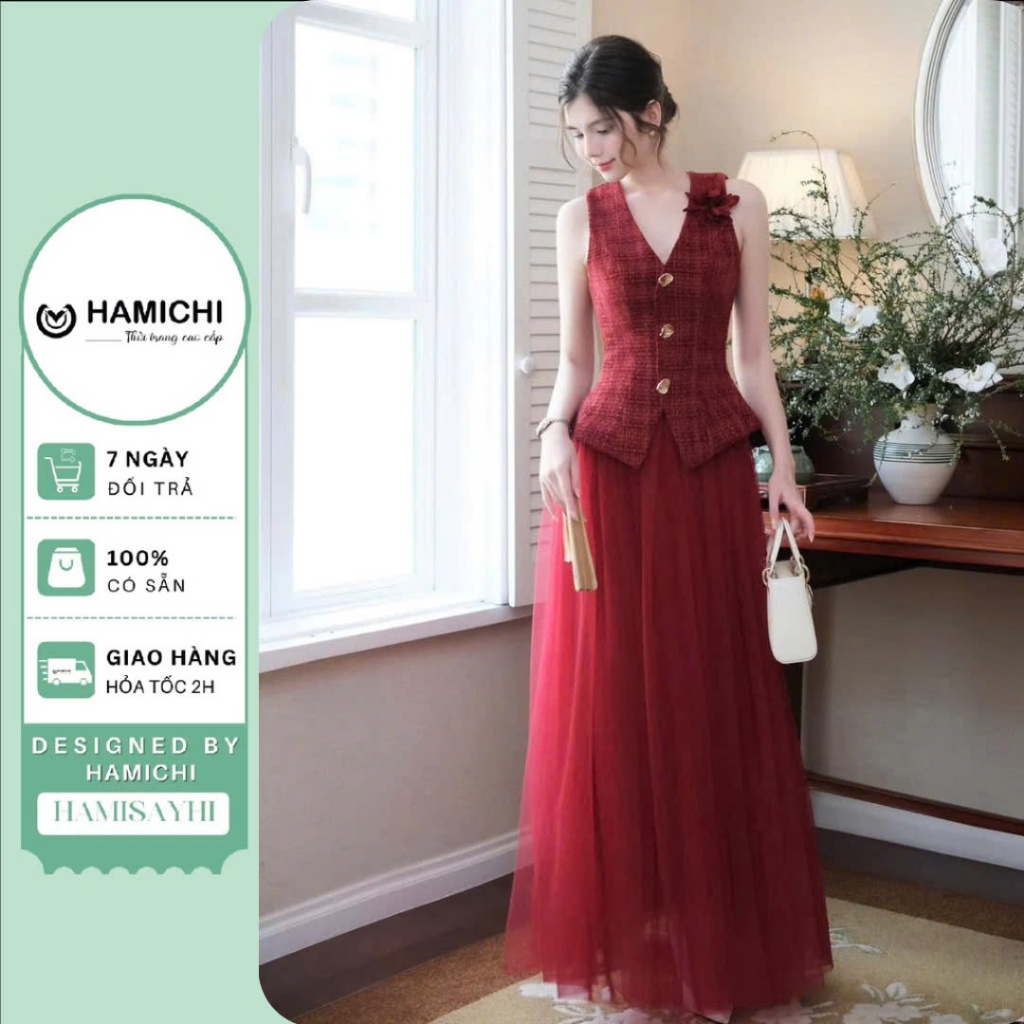 Set đồ nữ áo gile dạ đỏ mix chân váy tơ voan dáng dài Hamichi_fashion