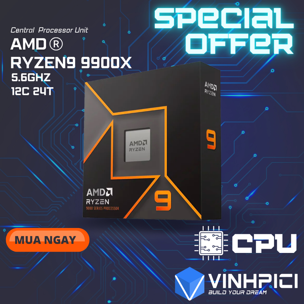 CPU AMD Ryzen 9 9900X ( 4.4GHz Boost 5.6GHz / 12 nhân 24 luồng / 76MB / AM5)