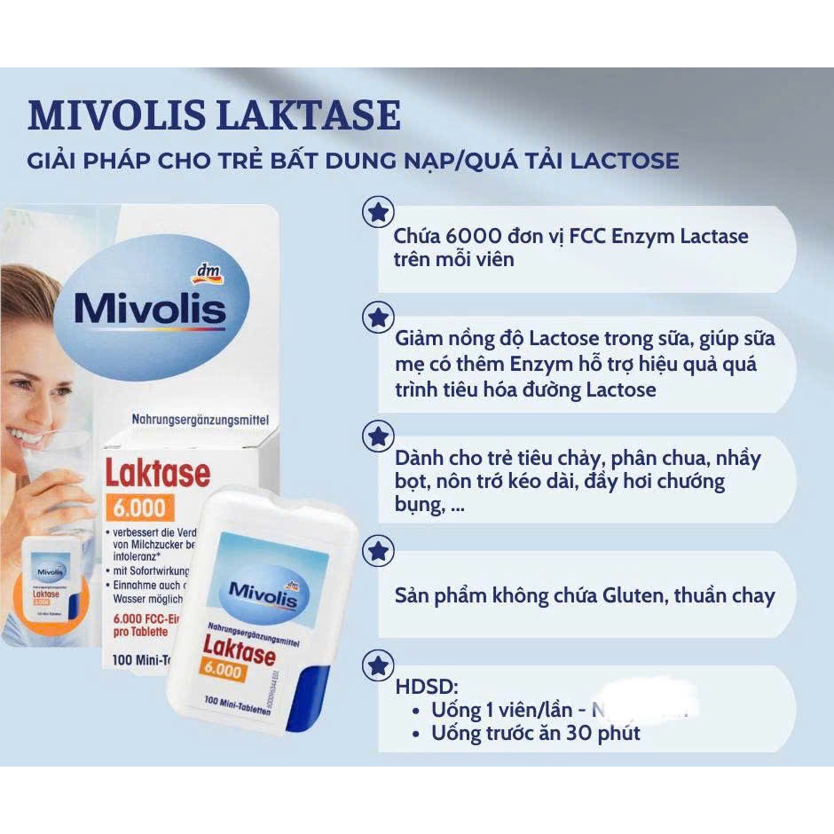 MIVOLIS LAKTASE - VIÊN UỐNG BỔ SUNG ENZYME LACTASE 100V Hàng Đức