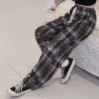Quần ống rộng kẻ caro nữ chất vải umi flannel co giãn, quần ống suông cạp chun dây rút có túi trước