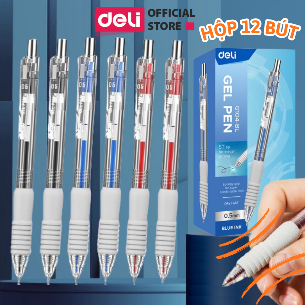 Hộp 12 Bút Bi Nước Đệm Xốp Deli G104 Ngòi 0.5mm Nhanh Khô Bút Gel Mực Bấm Deli Mực Xanh Đen Đỏ