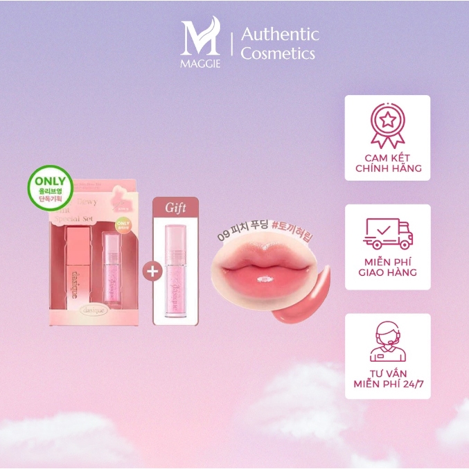 Set son Dasique Juicy Dew Tint màu 09 - Peach Pudding tặng 1 son bóng Glowy Mini