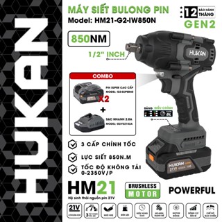 Máy siết bulong pin HUKAN HM21-G2-IW850N, Không chổi than,  850Nm, 3 Cấp tốc, Đầu bulong đặc 1/2