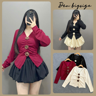 Set đồ bigsize nữ áo tay dài cổ chữ V chất ruby mềm mịn đính hoa kèm chân vá bí chất lụa dễ thương - SET946