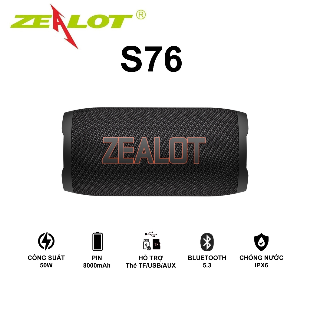 Loa Bluetooth di động Zealot S76 Công suất 50W Loa siêu trầm, loa âm thanh nổi ngoài trời cực hay