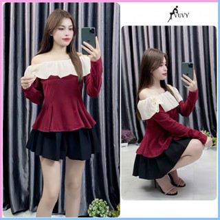 Áo trễ vai nữ cổ bèo dài tay phối hoa bánh bèo, thiết kế sang chảnh vải len lông thỏ dày dặn at76