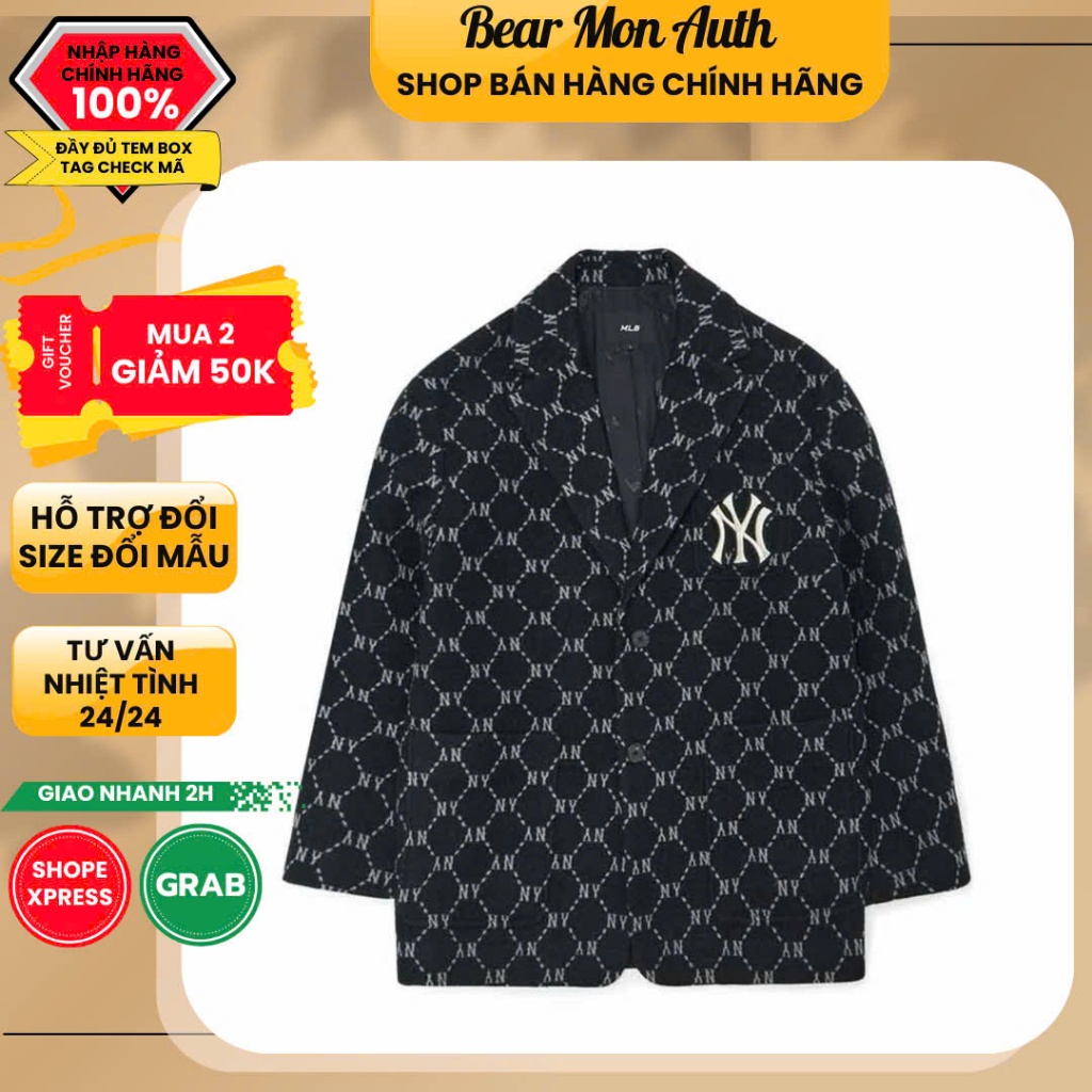 Áo Khoác Vest MLB Diamond Monogram Blazer Jacket New York Yankees 3AJKM0124-50BKS Màu Đen