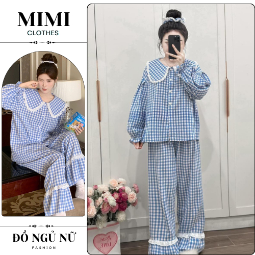 Đồ ngủ dài tay nữ, bộ ngủ pijama cổ sen phối kẻ sọc siêu xinh cho nàng MIMI CLOTHES hcom3576