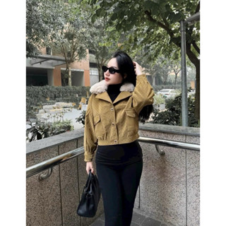    ảnh thật  Áo Khoác Da Nhung In Chữ Lót Lông Khuy Đồng siêu hót   A6808   Hàng Quảng Châu Loại 1 Khuy Đồng 