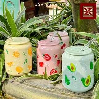 Quà Tặng Noel,Cốc Sứ Hình Lon Nước Có Nắp Kèm Ống Hút Thủy Tinh Gốm Xuân Xưa, Quà tặng giáng sinh, Cốc sứ noel, quà noel