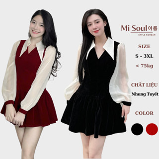 Váy Nhung Nữ Cổ V MiSoul Dáng Xòe Tiểu Thư Tay Phối Tơ Điệu Đà BigSize, Đầm Thiết Kế Mini Cổ Bẻ 364