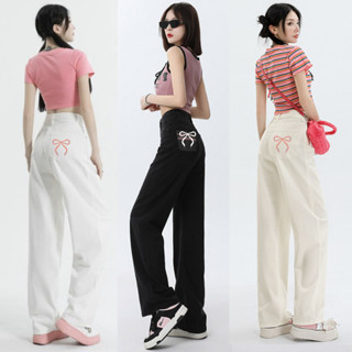 Quần Jean Kaki nữ Lưng cao Ống Suông Đứng Rộng Màu TRẮNG THÊU NƠ Túi Sau, Quần bò nữ cạp cao ống rộng Miaa Hottrend 2024