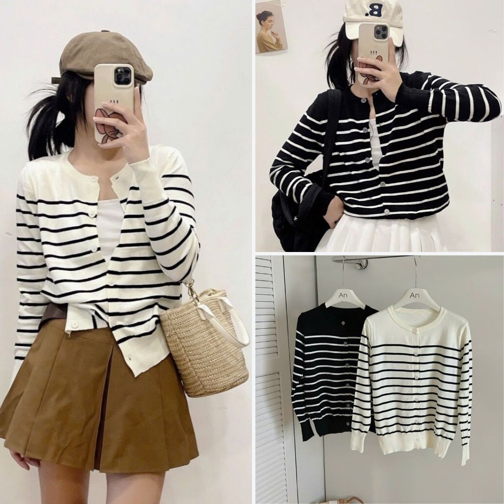 Áo Len Cardigan Kẻ Sọc Ngang Cài Cúc Tay Dài Cổ Tròn, Labibi
