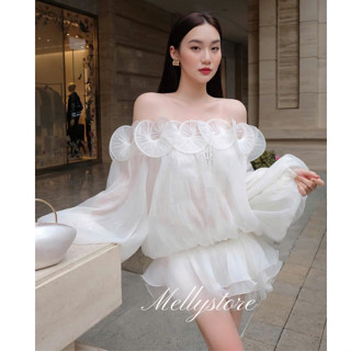 Đầm Trễ Vai Bánh Bèo Cổ Bèo Bồng Phối Ren MELLYSTORE, Chất Liệu Vải Tơ Cao Cấp Nhiều Màu Đẹp Quyến Rũ, Hàng Thiết Kế