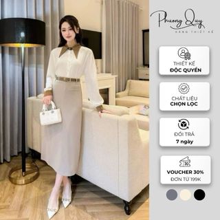 Chân váy dài midi xẻ sau, chân váy công sở với thiết kế túi cơi giả may bằng vải cao cấp không nhăn [CV11]