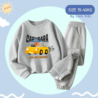 Bộ nỉ bé trai in hình Capybara lái ô tô- Bộ đồ thu đông cho bé trai chất nỉ bông size từ 15-40kg Loza Kids BN195