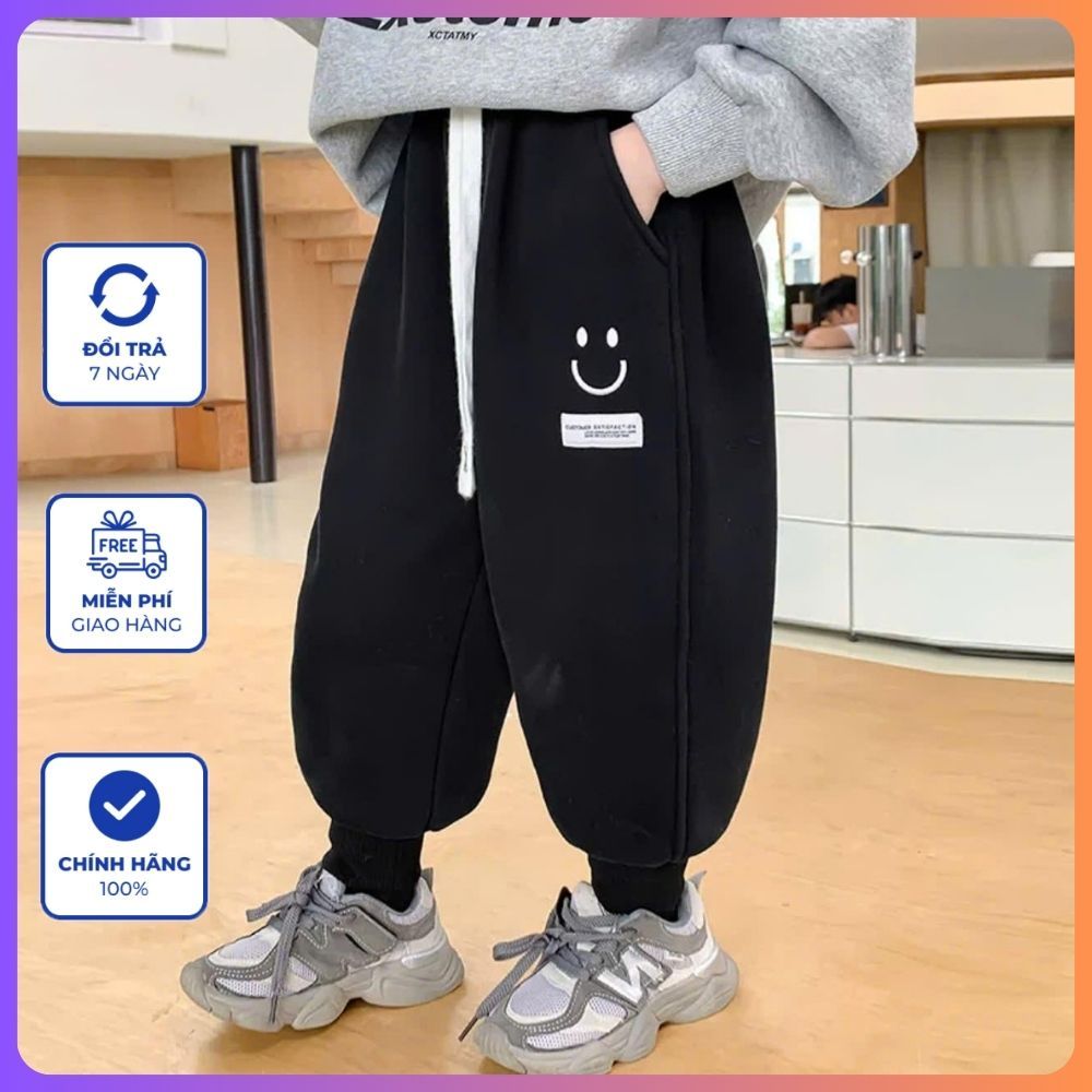 [14-45kg] Quần Nỉ Bé Trai D58 Họa Tiết Mặt Cười Chất Cotton Ấm Áp Kích Cỡ Đại