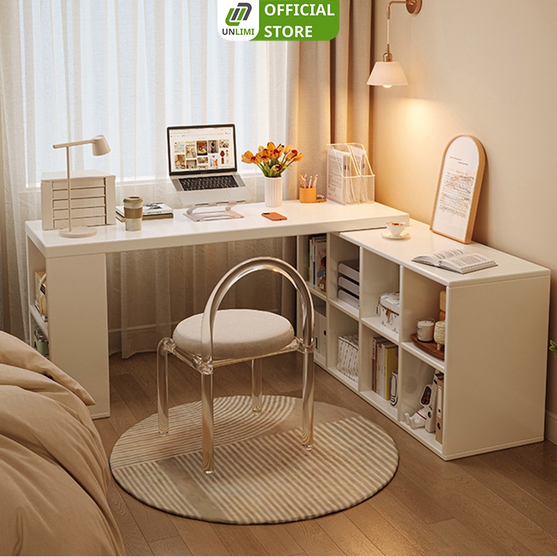 Bàn làm việc kết hợp tủ sách hiện đại, chắc chắn chất liệu gỗ MDF màu full trắng - UNLIMI | GP368