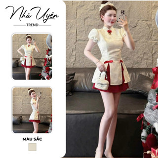  Set váy thiết kế áo gấm cổ tàu nút mây tay bồng xẻ tà đính nơ mix chân váy tơ có lót quần siêu xinh cho nàng diện tết 