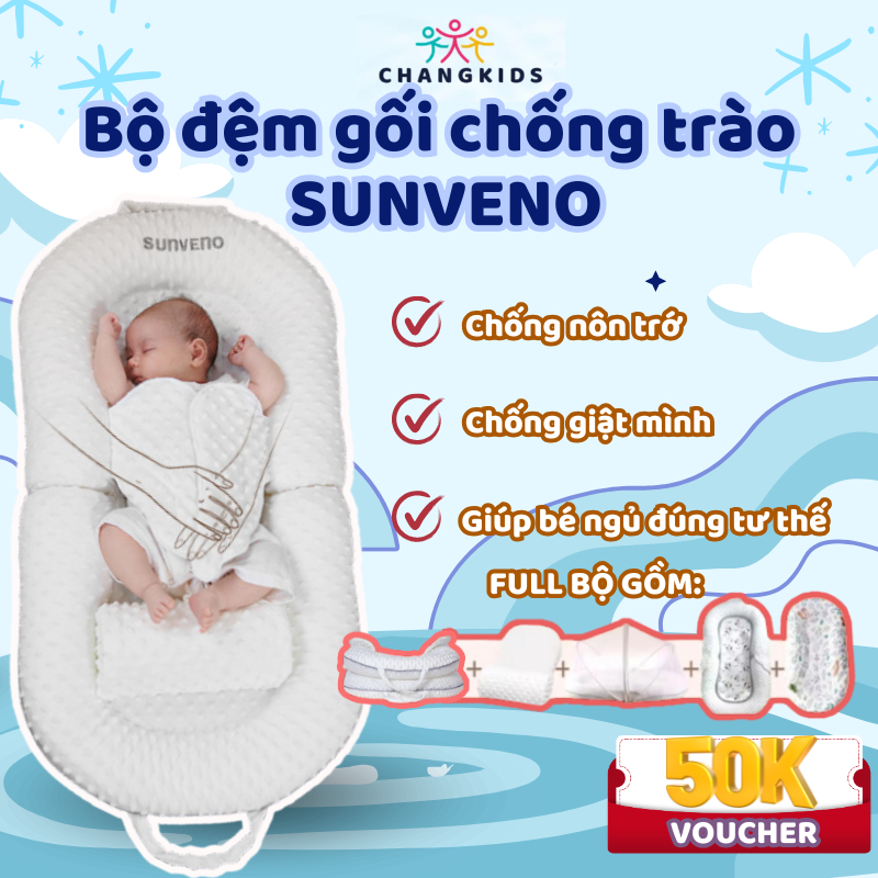 Bộ Đệm Gối Chống Trào Ngược Sunveno, Nôi Ngủ Chống Trào Ngược Bé Sơ Sinh Định Hình Nghiêng 15 - 45 Đ