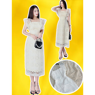Đầm Váy thiết kế dự tiệc ren cao cấp 2 dây bản to tay cánh tiên xoè dài chiết eo cổ vuông đi đám cưới váy trắng tiểu thư