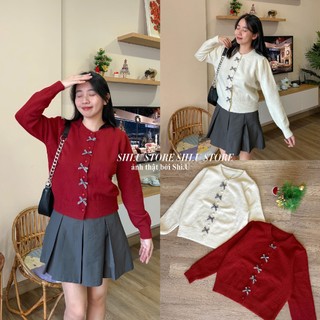 Áo len cardigan trơn cổ tròn cúc nhựa đính nơ caro style ulzzang hàng QC
