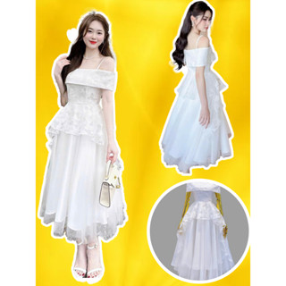 Đầm Váy trắng tiểu thư công chúa trễ vai ren hồ điệp 3 lớp40-65KG bigsize chân lưới đuôi tôm cá xoè rộng dự tiệc LALA