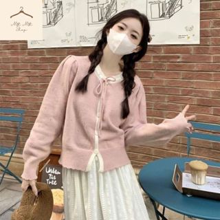 Áo Khoác Cổ Tròn, Áo Cadigan Lông Thỏ Mềm Mịn Dáng Vừa Phối Cổ Bèo Thắt Nơ Viền Hàng Qccc Phong Cách Hàn Quốc Matmatshop