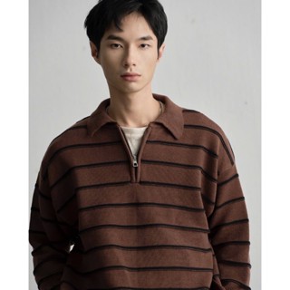 Áo len nam có khóa cổ màu nâu kẻ đen Habu Polo