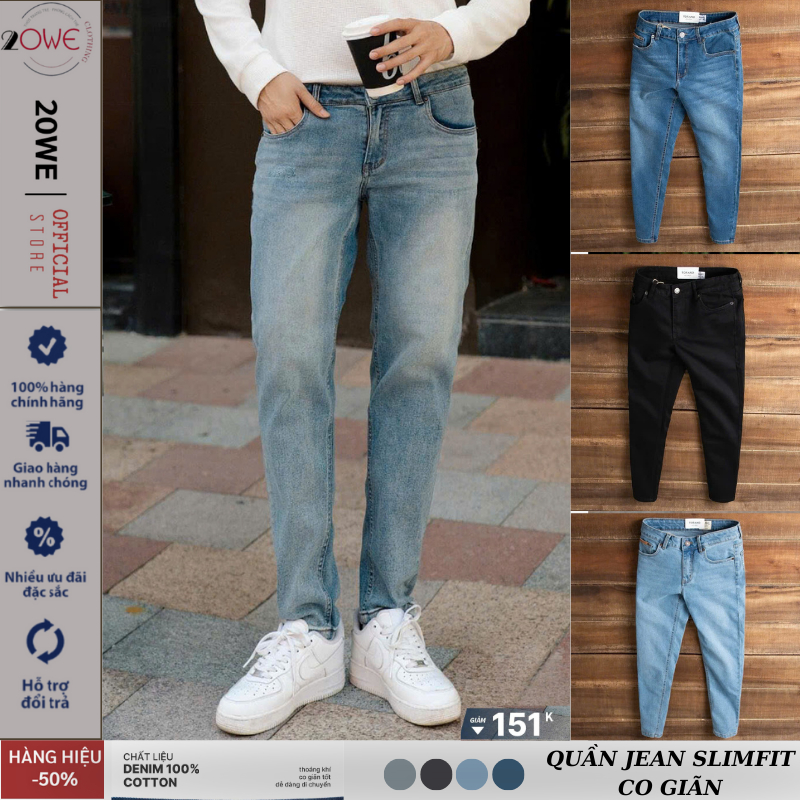 Quần Jeans nam basic Slim fit Co Giãn Tốt, Không Bai Xù, Bền Màu Không Ôm, Ống Đứng Phom dáng Trẻ Trung