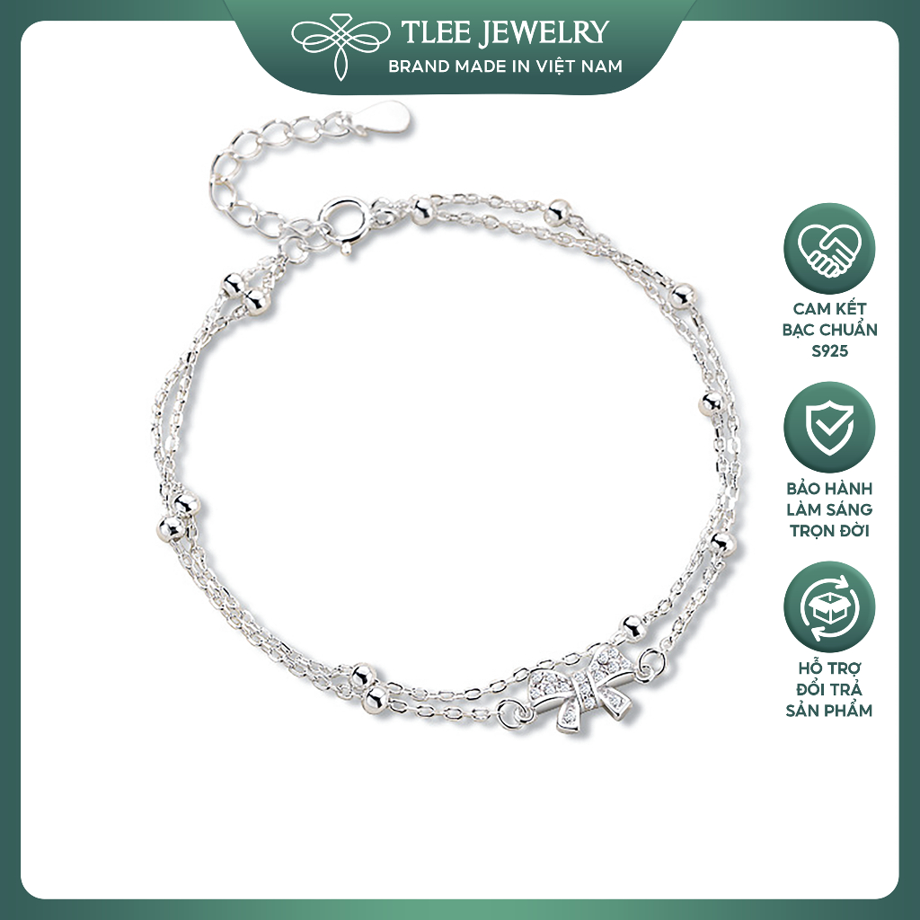 Lắc chân bạc nữ TLEE, vòng chân dây bi kép mặt nơ đá nữ tính TLEE JEWELRY LC0123