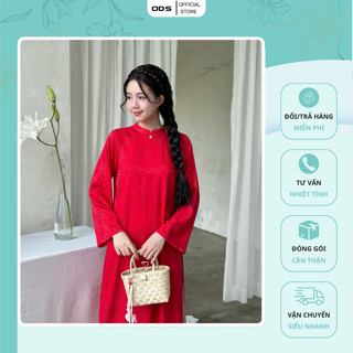 Set Áo Dài Gấm ODS thiết kế cổ tàu, đính charm hoa giữa cổ, tay loe rộng dài + Quần suông rộng (Hồng/Blue) - AD37