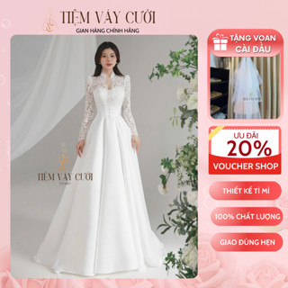 [Tặng Voan + Mút Ngực] Váy Cưới Đi Bàn, Đầm Cưới Phối Ren, Dáng Xuông, Dài Tay, TVC687