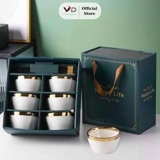 Bộ 6 Bát Sứ Viền Mạ Vàng Cao Cấp HAPPY LIFE Tặng Kèm Đũa ( mã 02 mới )